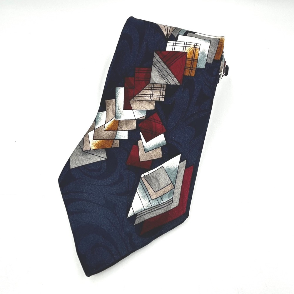 Signature Collection Necktie Navy Blue Mens Geometric Abstract Silk EUC 4" Wide